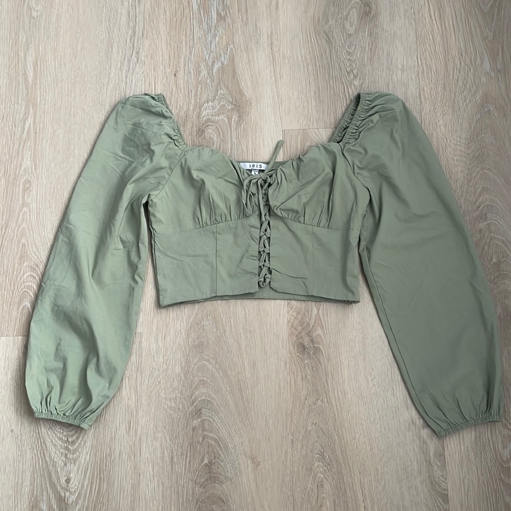 Womens sage tie up puffed shoulders long sleeve top